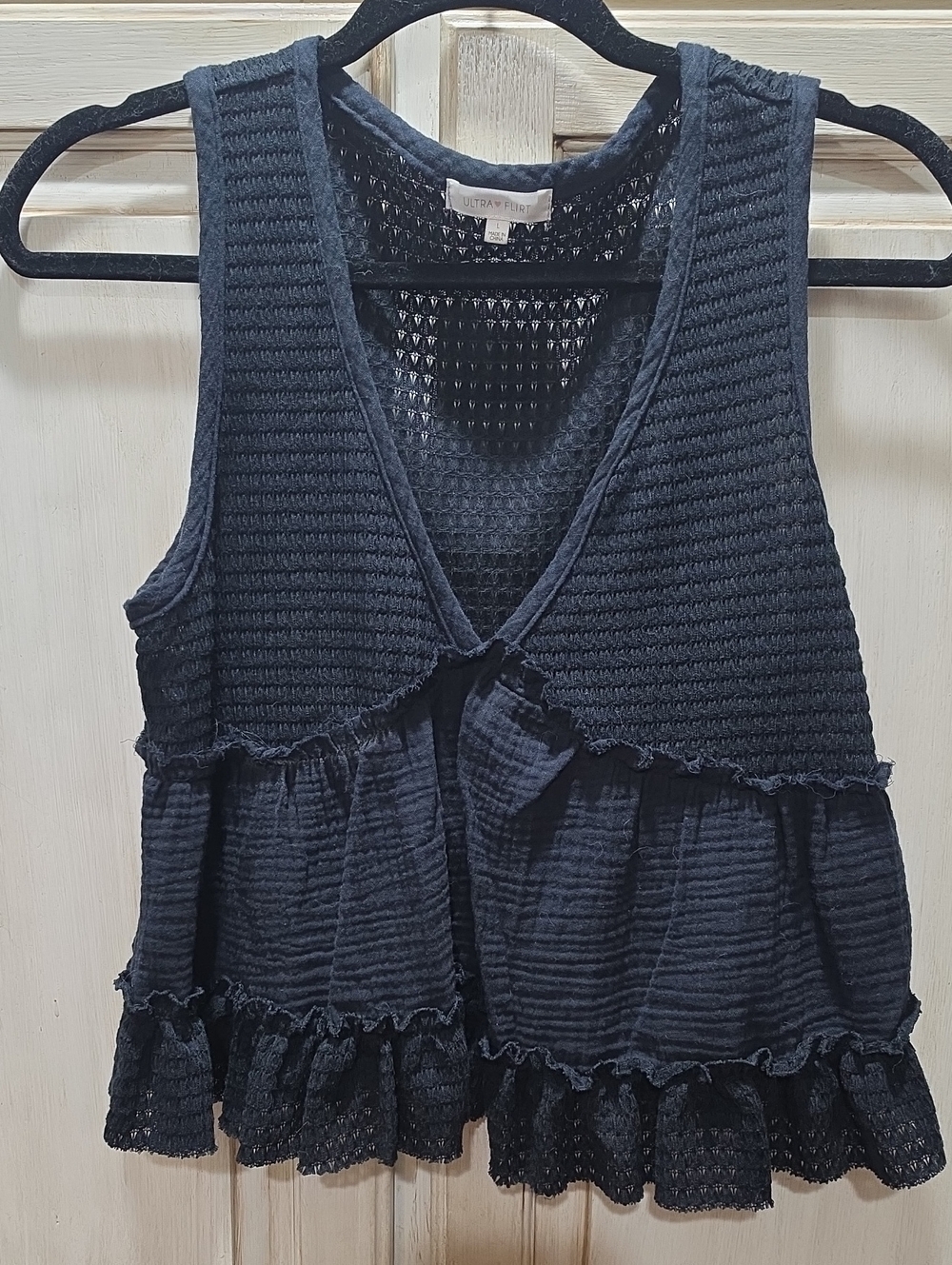 Ultra Flirt Black Textured Ruffle Tank